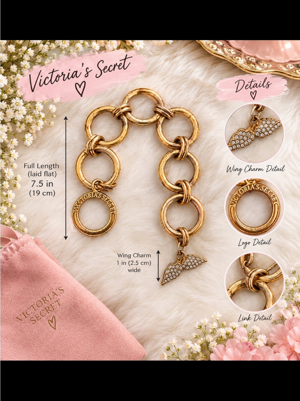 Victoria's Secret Gold Tone Ring Link Bracelet with Crystal Wing Charm
